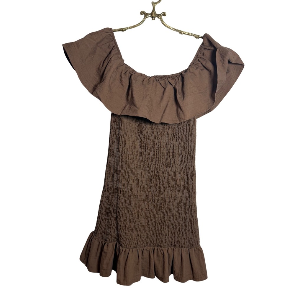 Anthropologie Brown Smocked Off-the-Shoulder Ruffle Mini Dress Womens Medium M